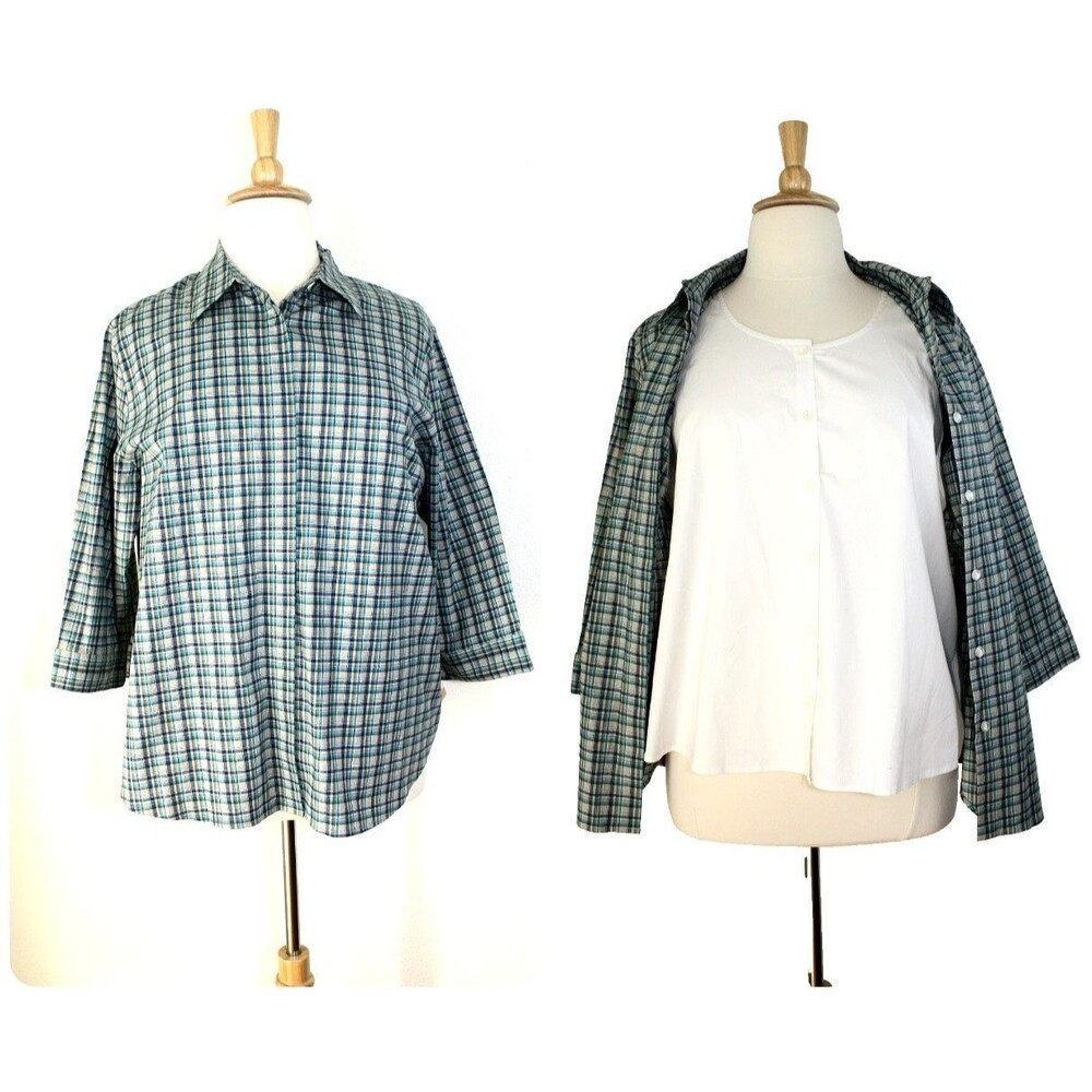 VTG NWT NOTATIONS SPORT Casual Top Blouse Double Front White Blue Plaid ~ 2X #03